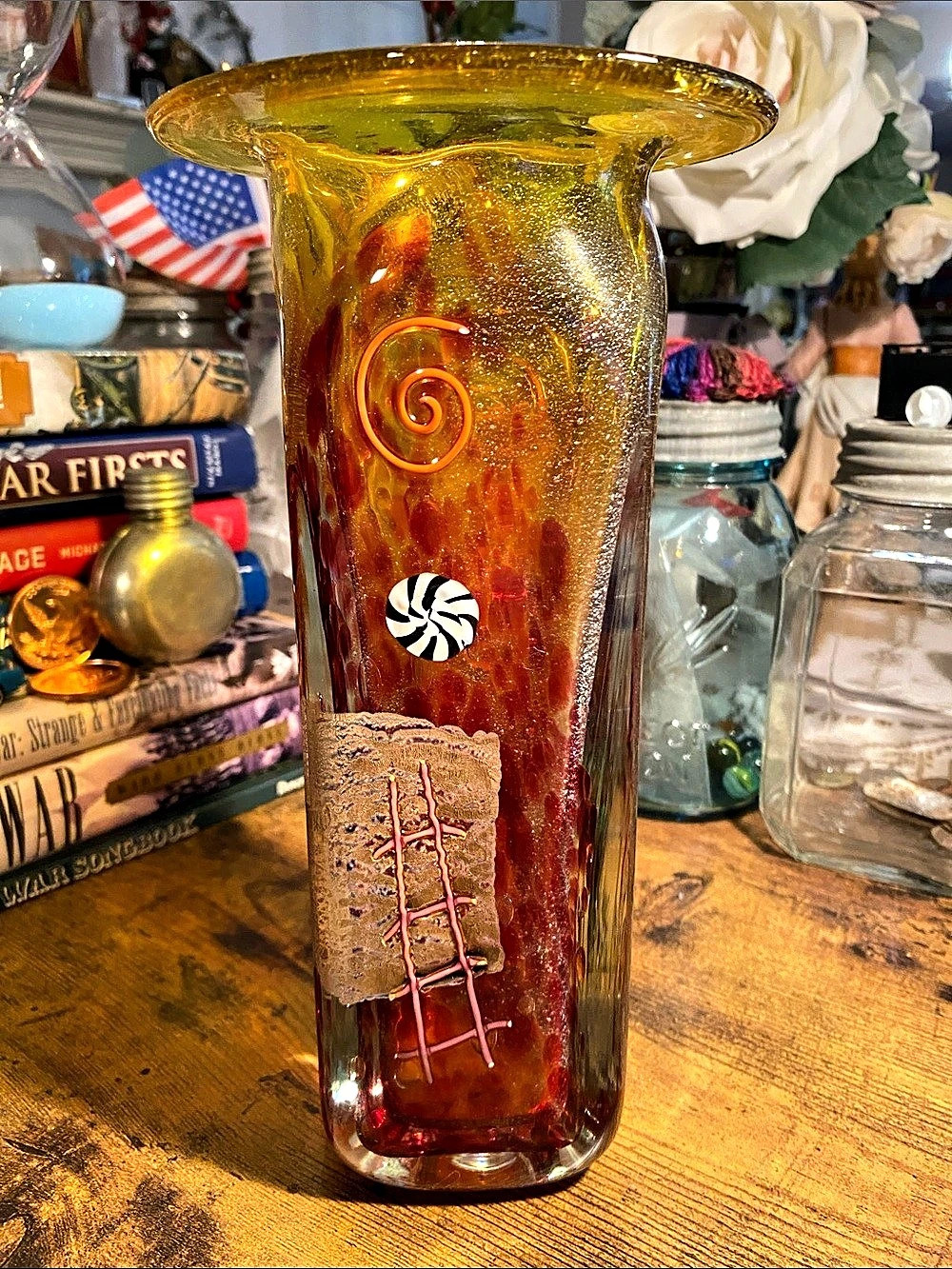 Signed 2003 Fineline Studios Handcrafted Art Glass Vase in Yellow & Red